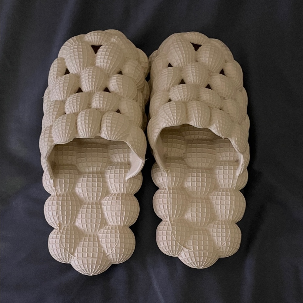 Cream Textured Slide Sandals